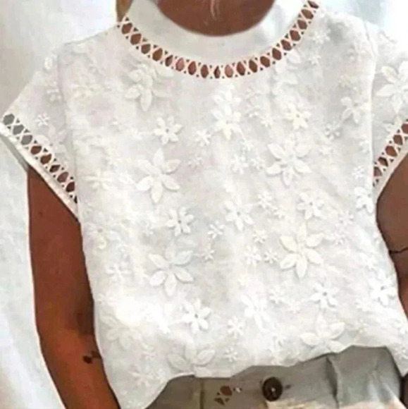 Women Summer Stand Collar Floral Jacquard Short Sleeve Loose Shirt - Picture 3 of 8